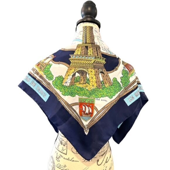 Paris Scarf Blue Gold Polyester 31 x 31 Large Souvenir de Paris Landmarks Travel - Picture 11 of 13